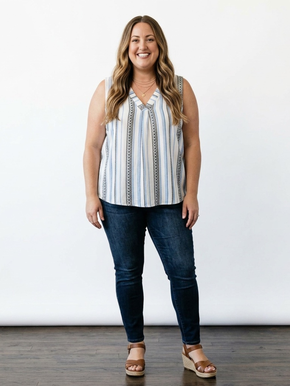 Perch Plus Size Striped Sleeveless Tank 3X | Lightweight Boho Summer Top | Blue